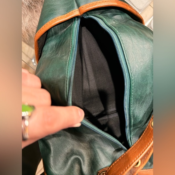 Vintage Leather Backpack Green Brown Brass Hardware 90s Minimalist main image 5